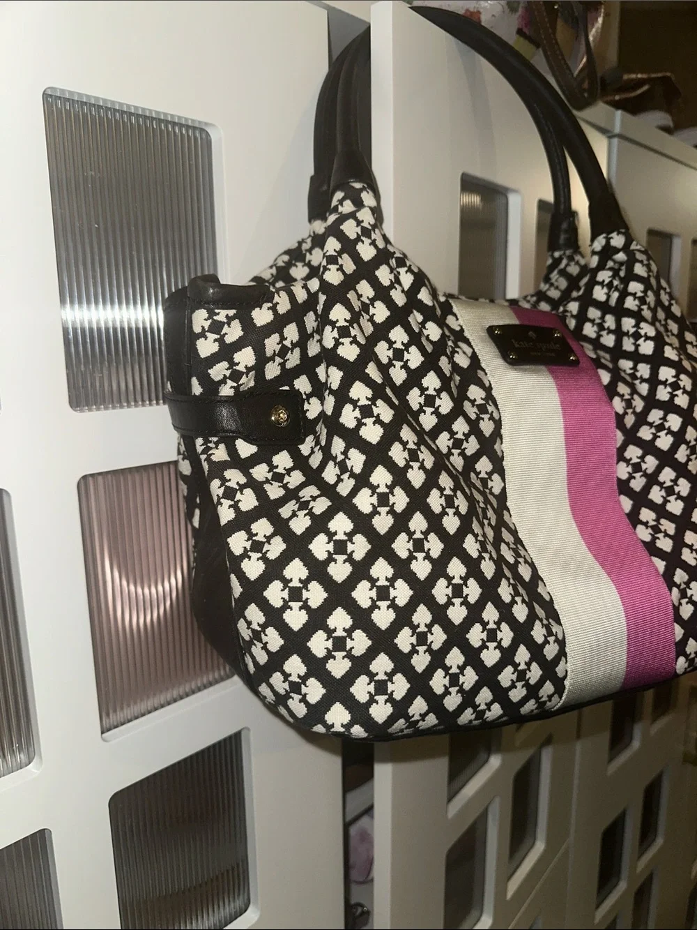 kate spade Black & White Pattern Shoulder Bag with Pink Stripe